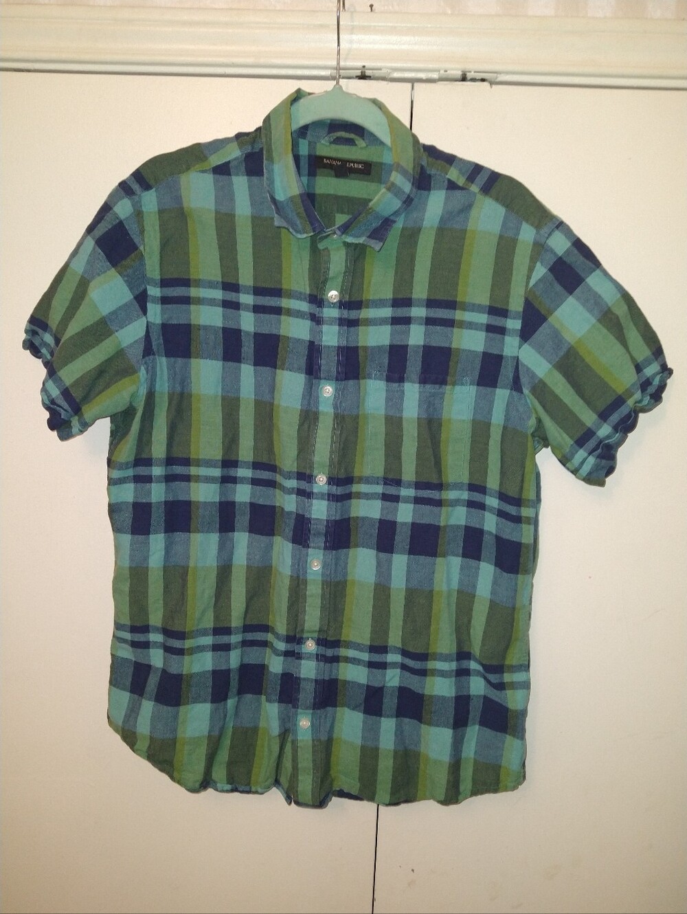 Banana Republic Linen Blend Plaid Short Sleeve Button Up Shirt Men's sz Large.